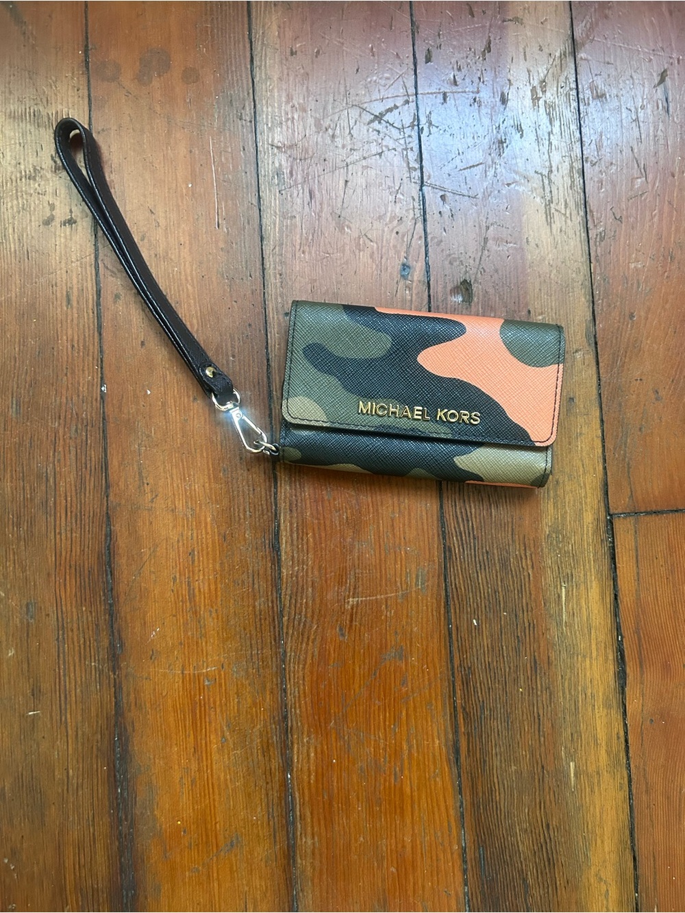 Michael Kors Camo Wristlet Wallet in Olive, Tan & Orange